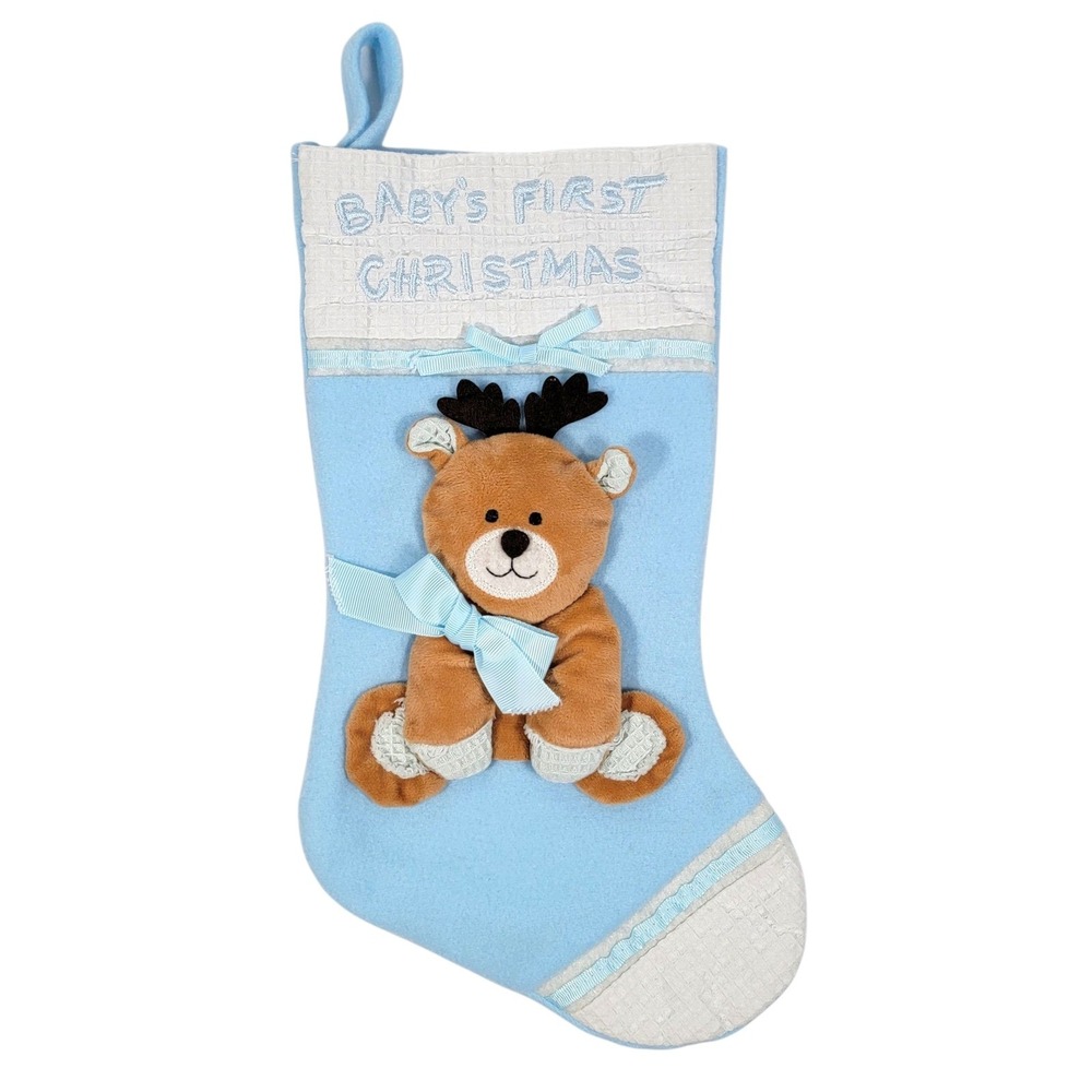 Babys First Christmas Stocking Blue Reindeer Plush Fleece St Nicks Choice Infant